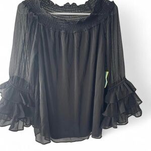 CeCe Black Sheer Off-Shoulder Blouse with Ruffle Sleeves